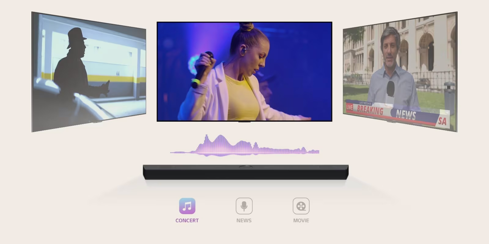 Το LG Soundbar δείχνει τρεις διαφορετικές οθόνες. Η μία ακριβώς από πάνω δείχνει πρώτα μια συναυλία όπου τραγουδά μια γυναίκα. Η οθόνη με δελτίο ειδήσεων μετακινείται στη μέση και αρχίζει να παίζει. Η οθόνη που δείχνει σκηνή δράσης με μια γυναίκα να τρέχει σε σκάλες μετακινείται στη μέση και αρχίζει να παίζει. Μεταξύ της τηλεόρασης και του soundbar, υπάρχει ένα ηχητικό κύμα που αλλάζει χρώμα όποτε η οθόνη τηλεόρασης αλλάζει, αντανακλώντας το είδος.
